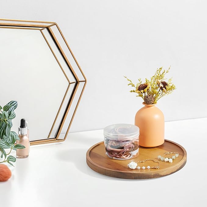 9 Inch Acacia Wood Round Tray, Wooden Decorative Coffee Table Tray Centerpiece Candle Holder for Farmhouse Kitchen Dining Room Home Bathroom Decor Coffee Table Decor and Accessories