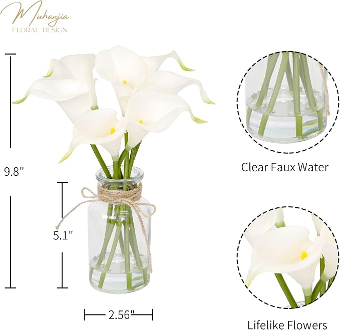 Muhanjia Artificial Flowers Calla Lily in Glass Vase with Faux Water,7Pcs Artificial Flower Real Touch Latex Flowers for Centerpiece Table Decorations Counter Decor(White Calla Lily)