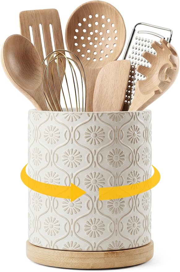 Utensil Holder, 360° Rotating Large Ceramic Kitchen Utensil Holder for Countertop, 5.8" Cooking Utensil Crocks for Kitchen Counter with Bamboo Base,Modern Farmhouse Decor (White)