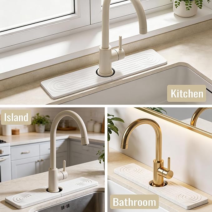 Hopegiver Stone Faucet Mat for Kitchen Sink - Fast Drying Diatomite Sink Protector Prevent Moisture, Super Water Absorbing Stone Tray for Kitchen & Bathroom Counter (White, 15.7"x3.9")
