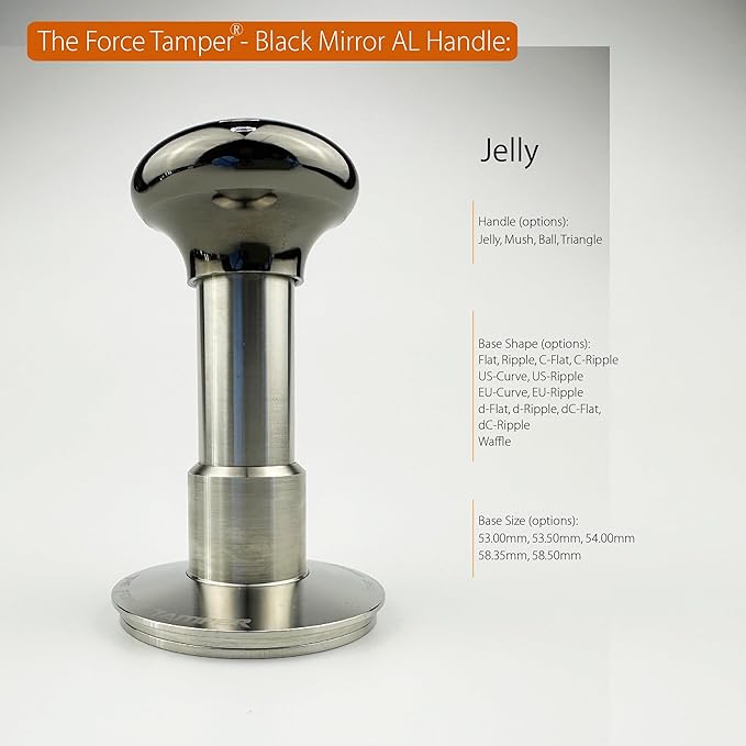 The Force Tamper Automatic Impact Coffee Tamper Adjustable Const Pressure and Autoleveling Extend Set New (Jelly-Black Mirror AL, 53.50mm)