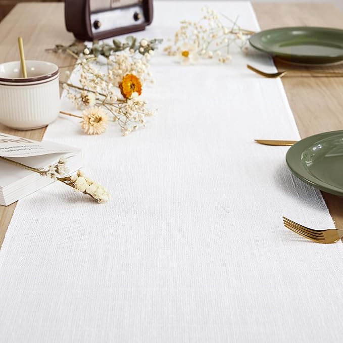 Linen Style Rustic Table Runner, Farmhouse Cotton Linen Table Runner, Boho Table Runners 108 Inches Long with Hand Tassels for Home Tabletop Decor and Everyday Use - White, 108 Inch