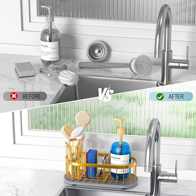 Sponge Holder for Kitchen Sink with High Brush Holder, [Stay-Dry Anywhere & No Drainage Needed] Rustproof Stainless Steel Kitchen Sink Caddy Organizer with Water Absorbing Stone Tray, Gold