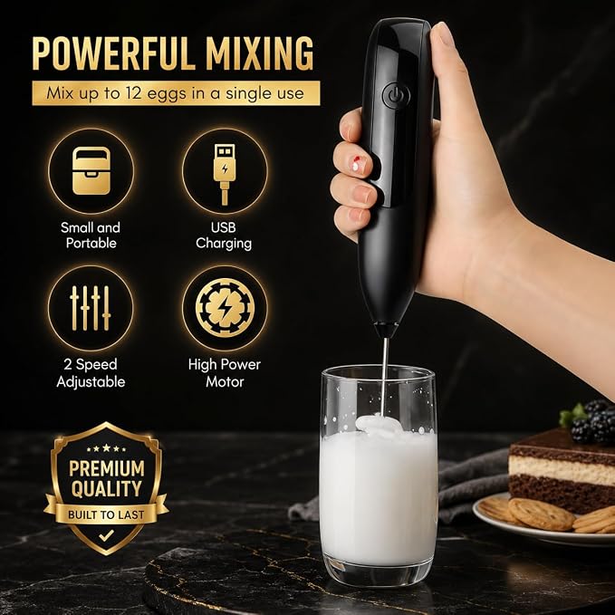 GOCHA Rechargeable Milk Frother, USB-C Electric Milk Foamer Handheld, Double Spring Whisk, 2-Speed Foam Maker for Coffee, Latte, Cappuccino, Matcha, Hot Chocolate, Stand Included (Black)