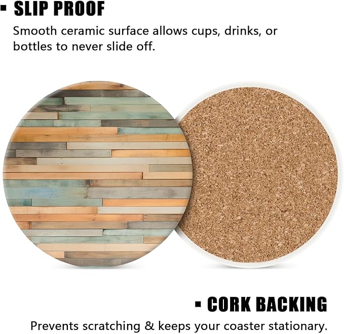 Wood Plank Wall Exquisite Set of 4 Ceramic Coasters with Holder,Absorbent Drink Bar Coasters,Table Coasters
