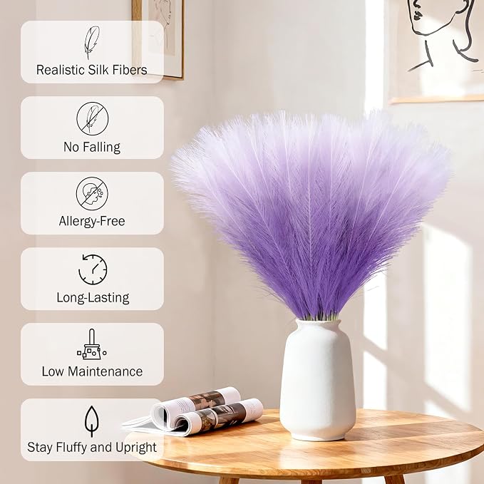 TORONTOKYO ORONTOKYO Gradient Purple Pampas Grass Decor, 50Pcs 21.6 inch Artificial Faux Pompas Grass Small Fluffy Arrangement for Wedding Boho Home Decor Vase Filler