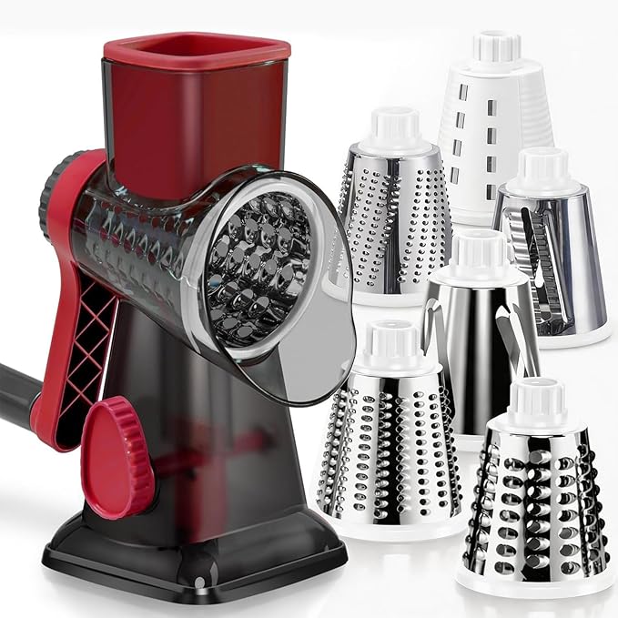 KEOUKE Rotary Cheese Grater Pro 6 in 1 - Shredder Crinkle Slicer Grinder Ice Shaver, Stable Suction, Time-saving Easy Use & Clean, Safe Morden Kitchen Tool for Cheese, Vegetable, Nuts, Chocolate