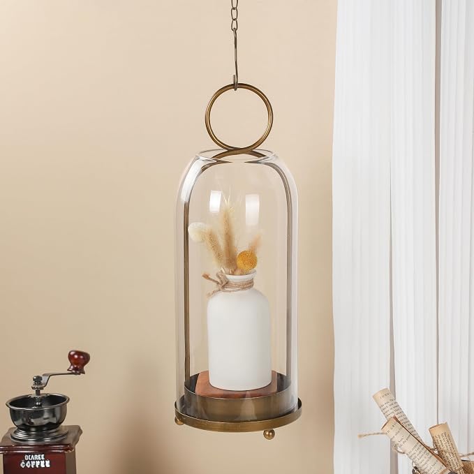 16" High Versatile Modern Metal Hurricane Lantern with Handmade Sturdy Glass Dome in Antique Brass for Pillar Candle & Plants, Industrial, Farmhouse, Shabby Chic (Brass, 6.3"x16.5")