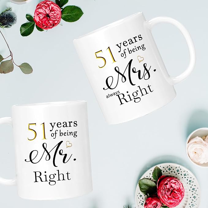 51th Anniversary Coffee Mugs Set of 2, 51 Year Anniversary Wedding Gifts Decorations for Couple Parents Grandparents Men Women Husband Wife Him Her, Gift Box Packaging, 11oz