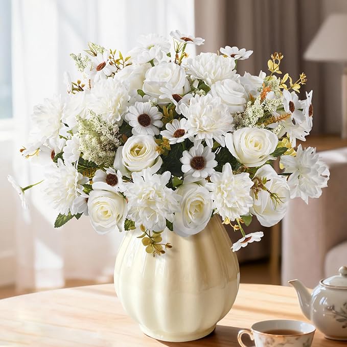 Artificial Fake Flowers for Spring Decoration, 4 Pcs Faux Silk Flower Arrangements Centerpiece for table with Chrysanthemum Rose Daisy Floral Bouquets Office Wedding Patio Porch Indoor Home Decor