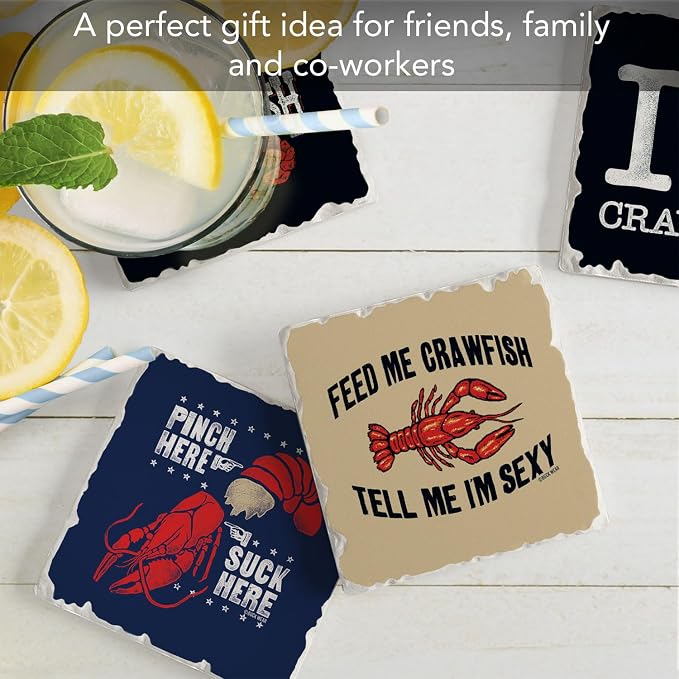 Thirstystone Crawfish Love 4 Pack Assorted Tumbled Tile Stone Coasters with Protective Cork Backing Manufactured in The USA Absorbent Easily Wipes Clean