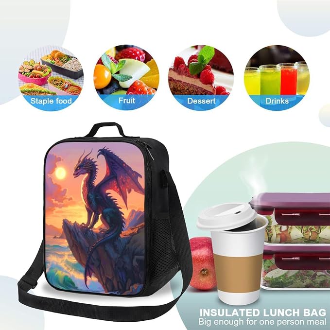 Insulated Lunch Bag, Reusable Portable Lunch Box With Shoulder Strap, Dragon Lunch Bag, Funny Cute Bento Lunchbox Cooler Thermal Meal Tote Kit