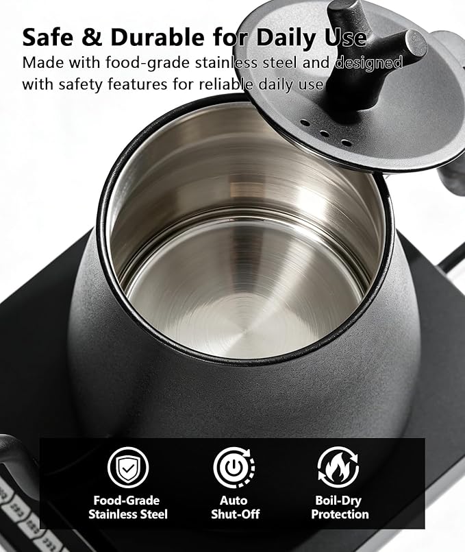 Gooseneck Electric Kettle, 1.0L Pour Over Coffee Kettle with Variable Temperature Control, 1200W Fast Heating, Keep Warm, 100% Stainless Steel Interior, Matte Black
