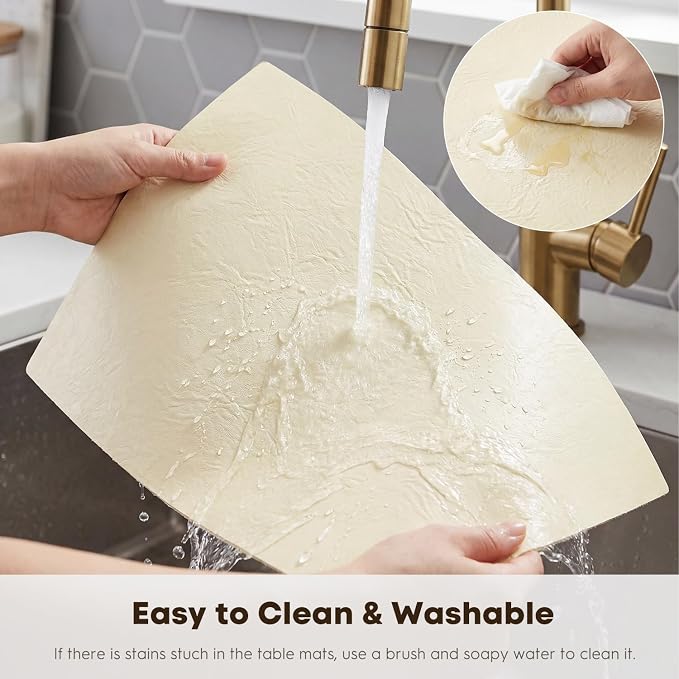 Artoid Mode Beige Faux Leather Placemats Set of 4, 12x18 Inch Waterproof Wipeable Heat Resistant Vinyl Place Mats, Reversible Table Mats for Kitchen Dining Decor