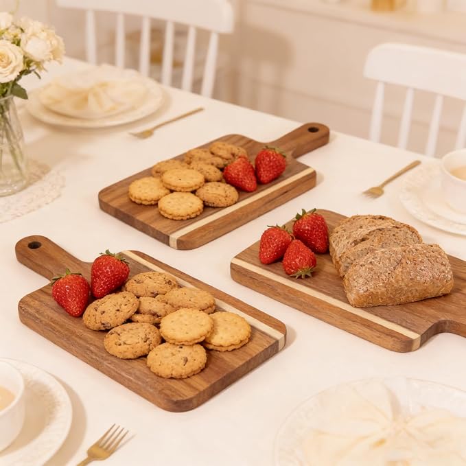 6 Pcs Acacia Wood Cutting Board with Handle, Large Charcuterie Boards Bulk, 15 x 7 inch Wooden Cutting Boards Bulk for Kitchen, Cheese Serving Board for Vegetables Meat Pizza Fruit Bread