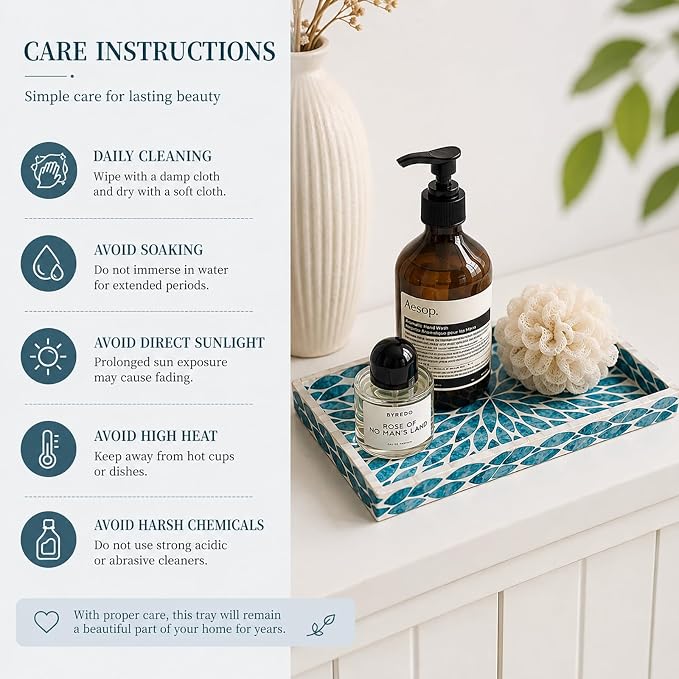Mother of Pearl Inlay Wooden Tray – Handmade Decorative Rectangle Serving Tray for Coffee Table, Kitchen, Bathroom, Vanity or Living Room Decor, Geometric