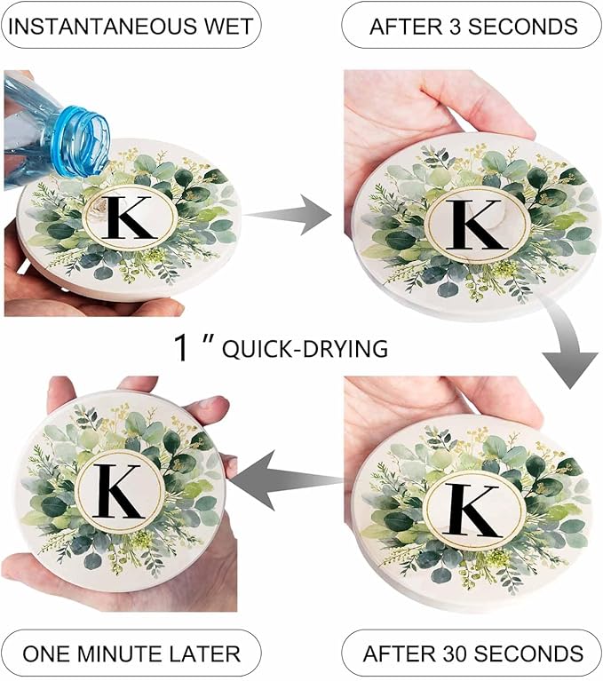 Coasters Set of 6 Letter K Drink Coasters with Holder Absorbent Stone Ceramic Cup Mat Alphabet Green Eucalyptus Leaves Coaster for Drinks Coffee Bar Office Kitchen Cafe Home Decor