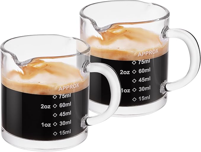 Ackers Espresso cup with Handle, Thickened Bottom and Wall, Double V-Shaped Spout,2.5OZ Milk Frothing Pitcher,75ML Milk Cup with Handle, Espresso Accessory (Pack of 4)