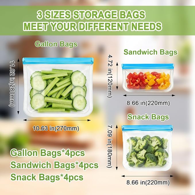 12 Pack Silicone Bags for Food Storage,Reusable Silicone Food Storage Bags,Freezer, Microwave & Dishwasher Safe,Reusable Freezer Food Bags, Leakproof-4 Gallon 4 Snack 4 Sandwich Bags,Blue