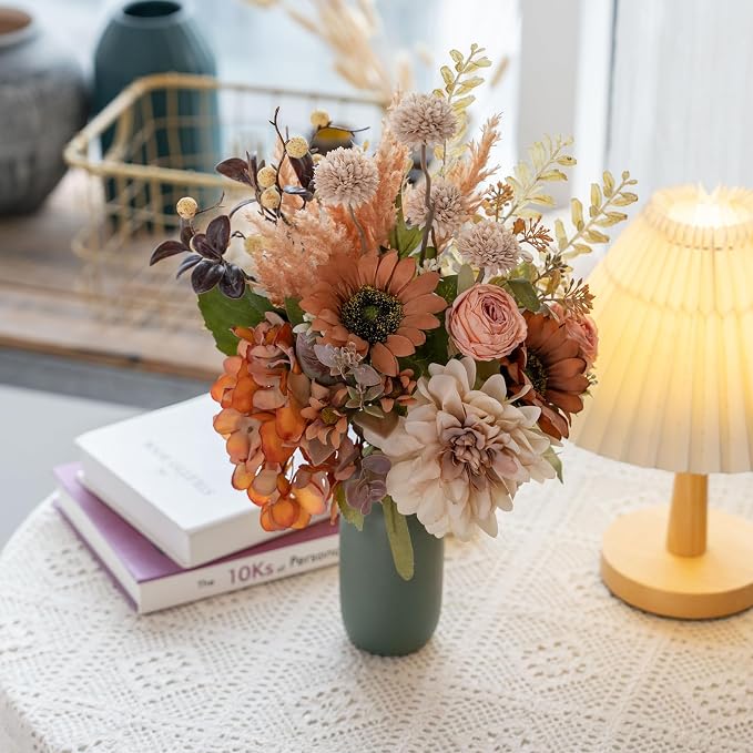 17-inch Artificial Fake Faux Flowers Silk Flower Arrangements Bouquets with Dandelions, Dahlias, Hydrangeas, Sunflowers, Roses, Astilbes and Shooting Star Branches(Autumn Haze)