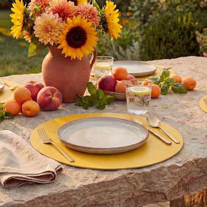 Artoid Mode Yellow Faux Leather Placemats Set of 6, 15 Inch Waterproof Wipeable Heat Resistant Vinyl Place Mats, Reversible Table Mats for Summer Kitchen Dining Decor