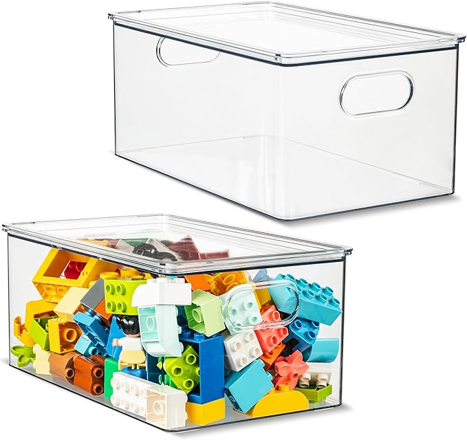 primebox Plastic Clear Stackable Storage Bins with Lids. Great for Pantry or Kitchen Organization. Fridge Organization Containers. Cabinet, Bathroom Organizer. 2 Pack