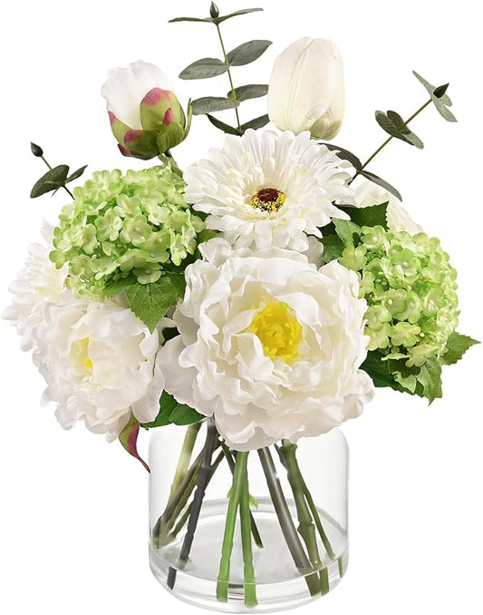 Livole Artificial Fake Flowers with Vase Silk White Faux Flowers Arrangements in Glass Vase with Faux Water Centerpiece Table Decorations for Dining Room Home Office Shelf Wedding Decor