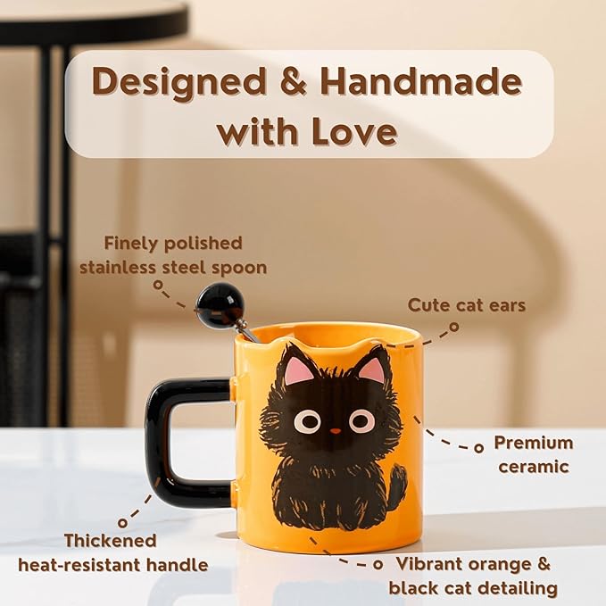 Cute Ceramic Cat Mug with Spoon, 12.8 oz - Kawaii Black Cat Themed Gift for Cat Lovers, Women and Men - Perfect for Coffee, Tea, Milk, and More (Microwave Safe)