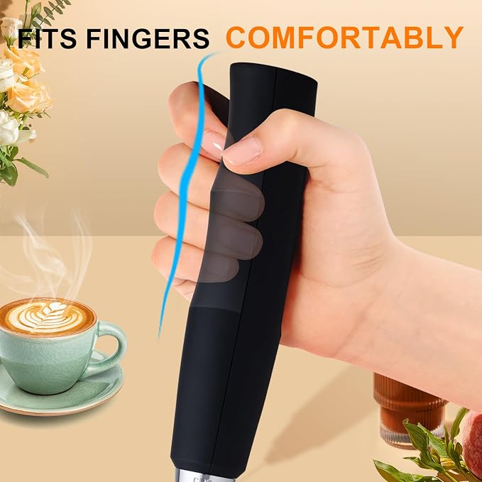 YUSWKO Black Handheld Milk Frother Wand with Stand for Coffee, Rechargeable Electric Whisk with 3 Heads 3 Speeds Drink Mixer Coffee Frother For Latte, Cappuccino, Hot Chocolate, Egg