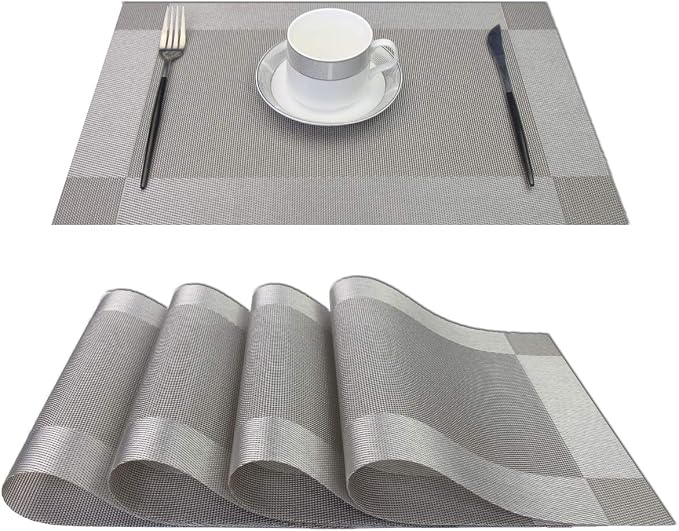 PIGCHCY Placemats Heat-Resistant Non-Slip Table Mats Washable Easy to Clean Woven Vinyl Placemats for Dining Table(Set of 4, Grey)