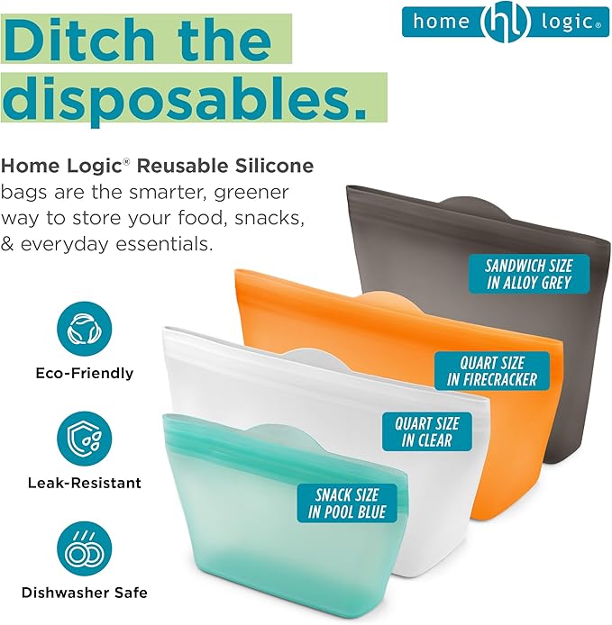 Home Logic Reusable Sandwich Bags - Set of 6 Alloy Grey Silicone Freezer Bags, Airtight Leak Resistant Reusable Zip Bags for Kitchen Home Food Prep, Microwave & Sous Vide Safe