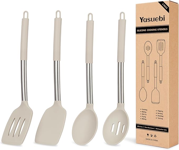 Kitchen Utensils Set Silicone Kitchen Utensils Set for Nonstick Cookware Perfect for Baking and Mixing,Spatula Set BPA Free Dishwasher Safe Khaki 4 Pack