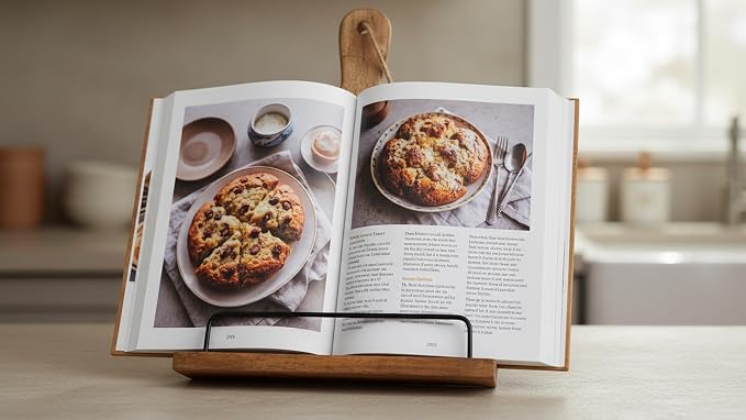 Decorative Wooden Cookbook Display Stand Recipe Book Holder For Kitchen Countertop & iPad Tablet - Handmade Country Rustic Farmhouse Style Decor For Hands Free Reading, Foldable, Brown, Gift For Chefs