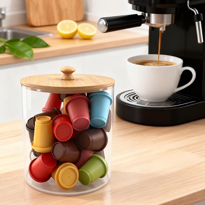 2 Pack Coffee Pod Holder with Bamboo Lid, Clear Coffee Pods Storage Basket Large Capacity K Cup Holder for Kitchen Countertop, Coffee Filter Holder, Cafe Bar Organizer, Office Desktop