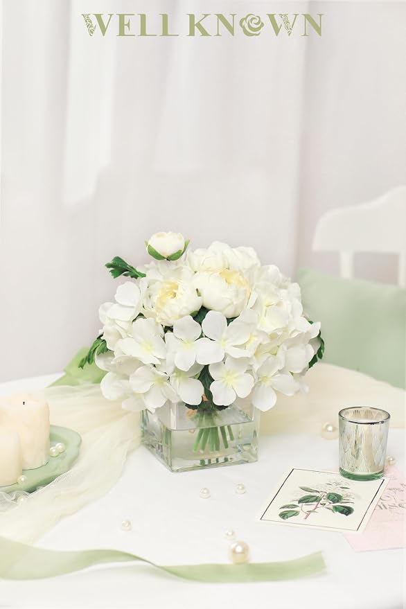 WELL KNOWN Fake Flowers in Vase, White Hydrangea Ranunculus Artificial Flowers with Vase, Silk Floral with Faux Water Arrangement Centerpiece for Office Dining Table Home Wedding Decor & Mom's Gift