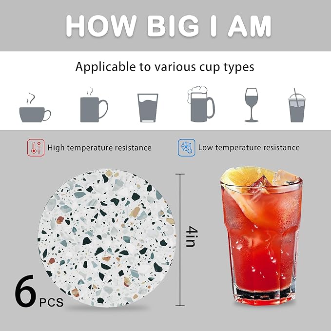 Terrazzo 6 Pcs Drink Coasters with Holder, Modern Granite Absorbent Round Ceramic Coaster for Tabletop Protection, for Coffee Cup Beverage Coasters Wine Beer Bar