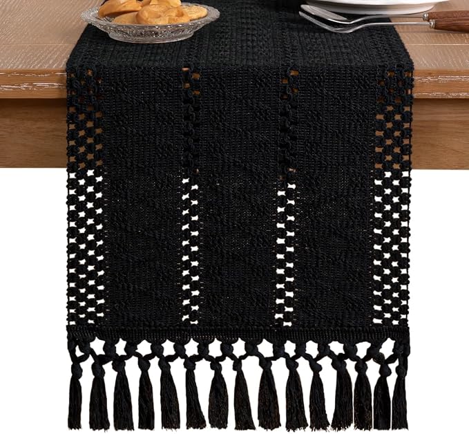 Socomi Boho Table Runner Summer Farmhouse Rustic Dining Kitchen Centerpiece Decor Small Macrame Woven Cotton Linen Coffee Table Runner for Dresser Scarf Home Decor 12x36 inch Black