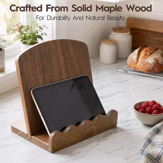 Scalloped Wooden Cookbook Stand for Kitchen Counter,2 in 1 Recipe Book Holder,Charcuterie Board & Kitchen Serving Tray,Durable Cook Book Holder Stand Easily Keeps Cook or Recipe Books Open