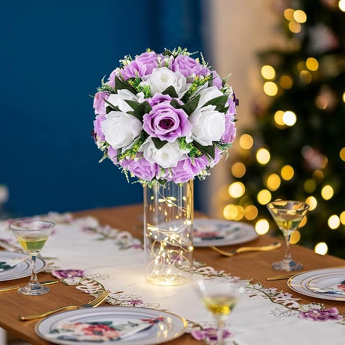 BLOSMON Lilac Flowers Balls for Centerpieces: 10 Pcs Purple White Fake Roses Flower for Wedding Table - Artificial Silk Kissing Bouquet Floral Arrangement Center for Home Party Event Decor | Purple White artificial Floral Arrangement for Wedding - Faux...