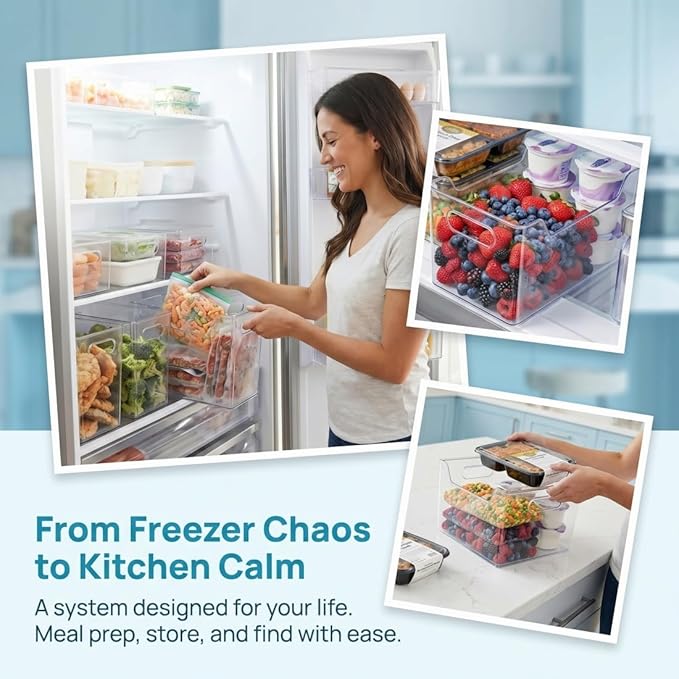 4 Pack Crystal Clear Freezer Storage Bins - Clear Plastic Storage Bins for Refrigerator & Pantry, Stackable Kitchen Cabinet Organizer with Handles for Frozen Food, Meat, Veggies (4*MixB)