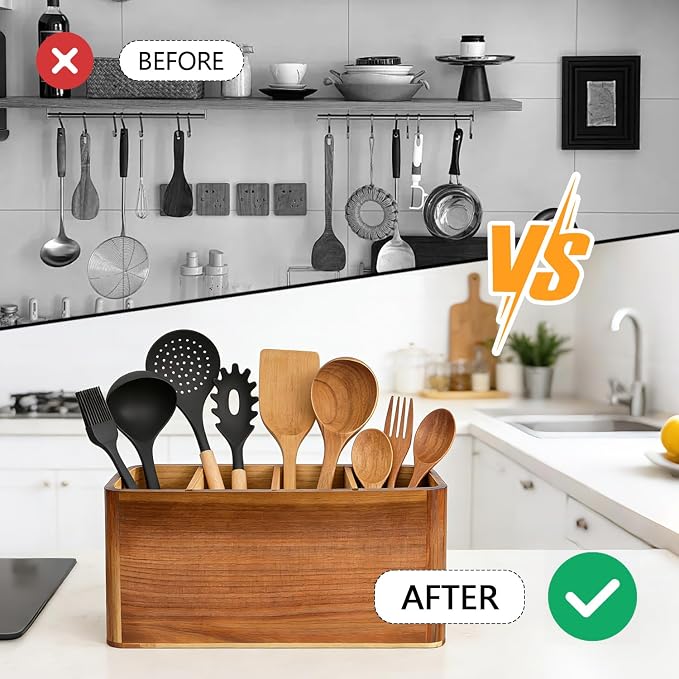 Large 4-Compartment Acacia Wooden Utensil Holder, Rustic Kitchen Counter Organizer, Extra Large Wood Storage Container for Cooking Utensils and Silverware