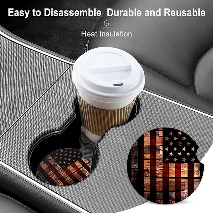 Old Wood USA Flag Absorbent Cup Holders Car Coasters,Ceramic Stone Drinks Coaster Set for Women Man 2.56"(2 Pack)