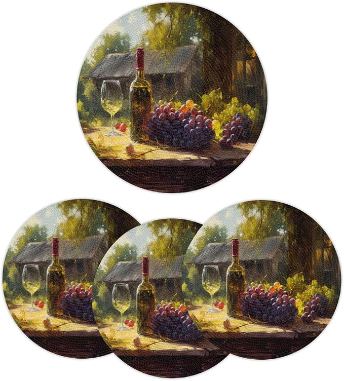 Round Placemats Set of 4, Sunny Red Wine Grapes Painting Woven Placemats Mats Non-Slip Heat Resistant Washable Table Mats Round Braided Place for Farmhouse Kitchen Dining Party Decor 15in