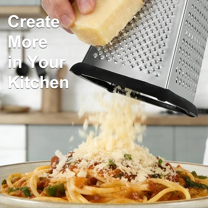 Ourokhome Cheese Grater with Handle, Stainless Steel Box Grater, 4 Side Kitchen Vegetable Shredder Slicer Zester with Container for Parmesan, Cabbage, Ginger, Lemon, Chocolate, Coconut (Black)