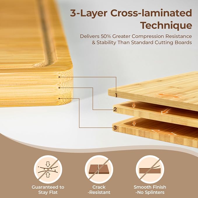 Piklohas Large Bamboo Cutting Boards Set of 4 for Kitchen, Bamboo Charcuterie Chopping Board with Holder Non Slip, Steak Serving Tray with Juice Groove, Big Butcher Block for Cheese, Ideal for Gift