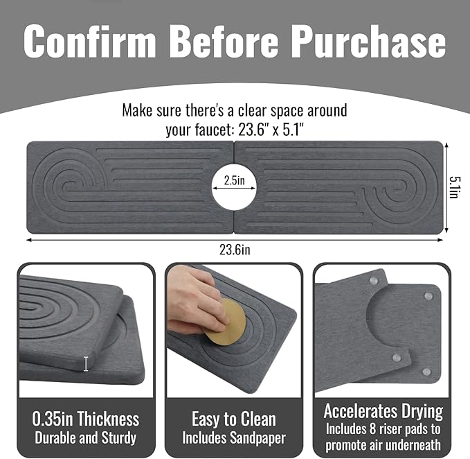 Hopegiver Stone Faucet Mat for Kitchen Sink - Fast Drying Diatomite Sink Protector Prevent Moisture, Super Water Absorbing Stone Tray for Kitchen & Bathroom Counter (Gray, 23.6"x5.1")
