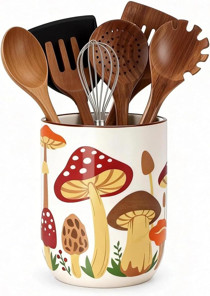 Nefelibata Mushroom Ceramic Utensil Holder Rustic Functional Utensil Crock Kitchen Storage Decor Perfect for Storing Cooking Tools and Cutlery Keep Organized Large Crock for Countertops