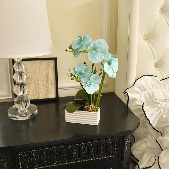 Artificial Real Touch Orchid Flowers in Pot Fake Phalaenopsis Flower with White Ceramic Vase Faux Orchids Arrangement for Home Table Office Wedding Party Decoration (Golden Blue)