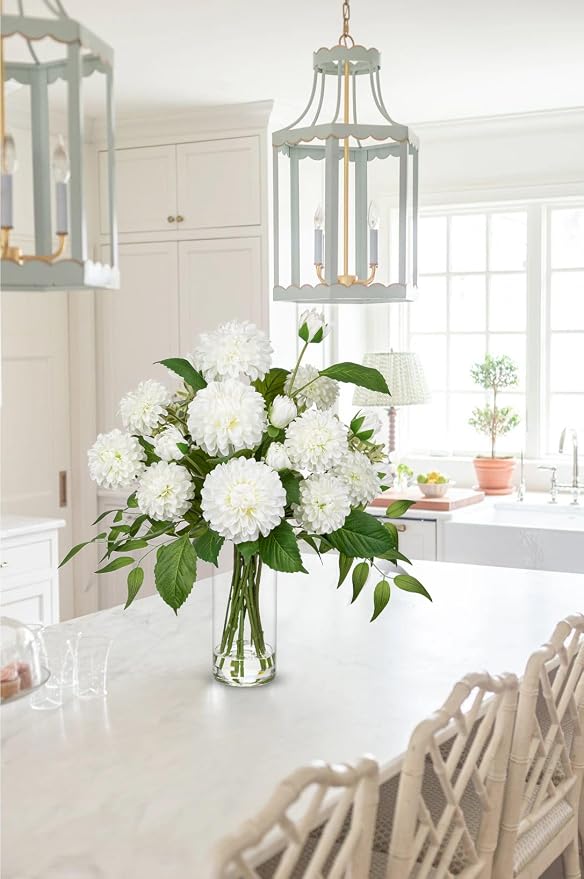 Hollyone White Fake Flowers in Vase Dahlia Artificial Flowers in Glass Vase with Faux Water Dahlia Silk Flower Arrangements for Bathroom Office Table Centerpiece Shelf Decorations Home Decor