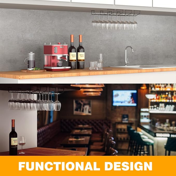 FOMANSH 14-Inch Wine Glass Holder - Under Cabinet Metal Stemware Rack for Kitchen Bar - Single Rail Hanging Storage Hanger, Set of 2